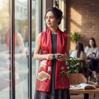 Red silk scarf hand-embroidered with the lotus  53*200 cm- Different  models